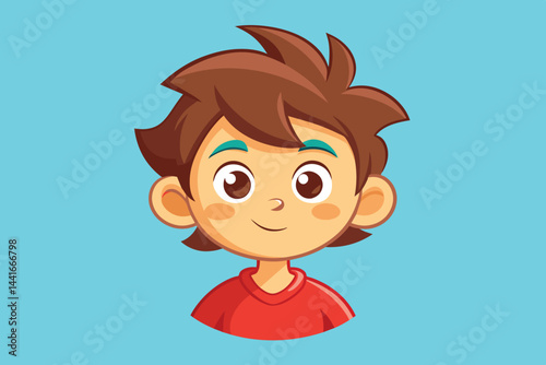 A young cartoon boy with bright brown eyes and spiky brown hair is smiling, wearing a red shirt and set against a vibrant light blue background, radiating positivity and joy.