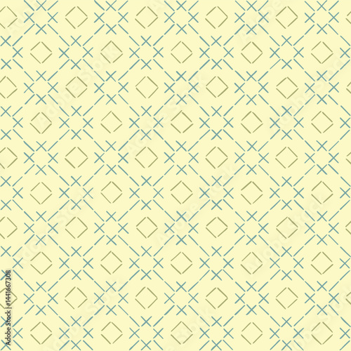 crosses and squares from hand drawn stripes. folk decorative art. beige, green, blue repetitive background. vector seamless pattern. fabric swatch. geometric wrapping paper. textile design template