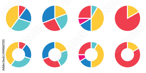 Collection of pie chart infographics featuring segmented circle diagrams, perfect for presentations, UI, web design, and data visualization. Vector graphic set.