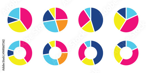 Collection of pie chart infographics featuring segmented circle diagrams, perfect for presentations, UI, web design, and data visualization. Vector graphic set.