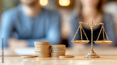 Financial Justice: Scales of justice and stacks of coins symbolize fairness, balance, and financial equity.  The blurred background suggests a consultation or meeting.