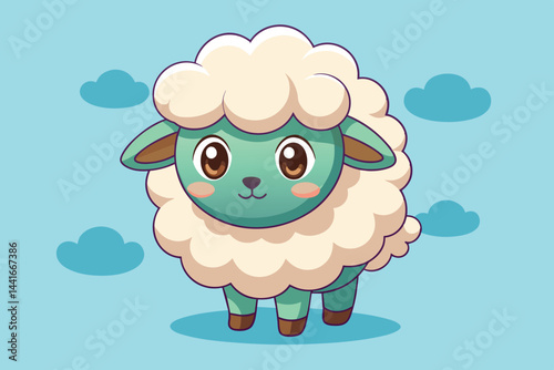 Wallpaper Mural A charming cartoon sheep with a fluffy white coat and big brown eyes stands against a light blue backdrop filled with fluffy clouds, perfect for playful content. Torontodigital.ca