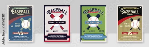 A Set Of baseball tournament flyer template retro design vector, Vintage grunge poster design layout for a baseball tournament.	