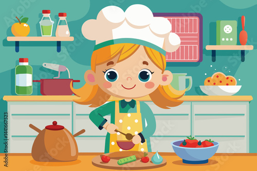 A cheerful child dressed as a chef is mixing ingredients in a bowl, surrounded by vibrant produce and cooking tools, creating a fun culinary experience in the kitchen.