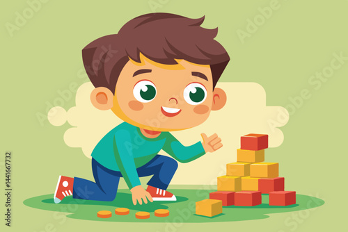 A cheerful young boy is kneeling on the floor, excitedly stacking colorful blocks into a tower while smiling and enjoying his playtime at home.