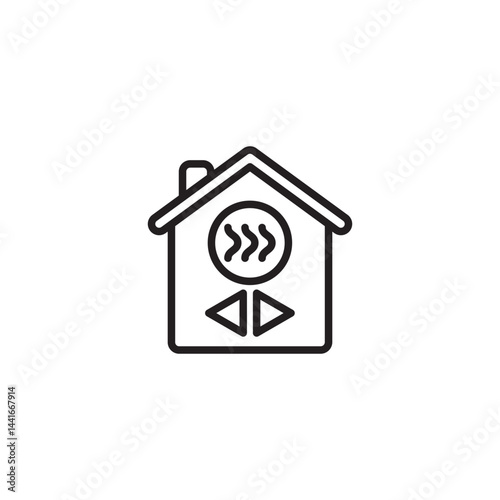 Smart home heating icon. A house outline contains a circle with radiating heat waves and up/down arrow controls, representing automated temperature adjustment.