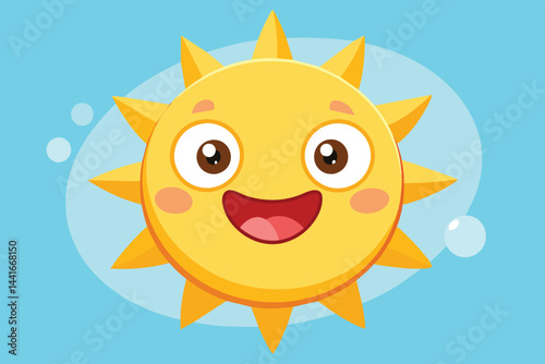 A lively cartoon sun grins widely, its bright yellow rays radiating happiness on a serene blue backdrop, perfect for illustrating warm summer days.