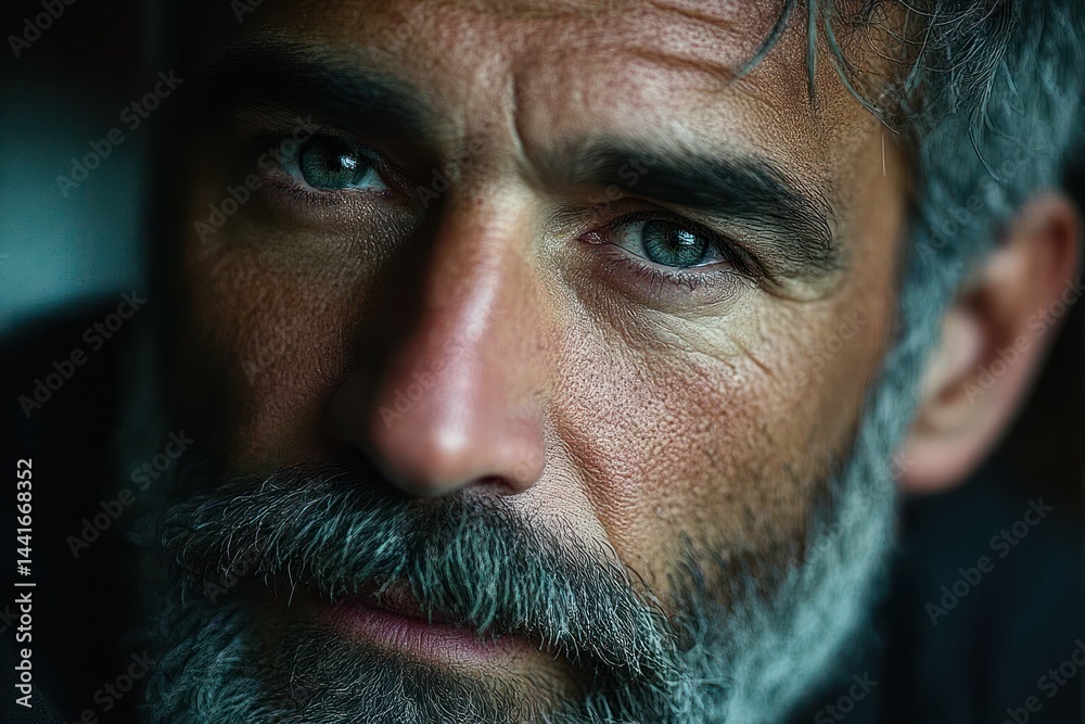Obraz premium Close-up of a middle-aged man with blue eyes, gray beard, and textured skin, expressing a contemplative and introspective mood in soft natural lighting