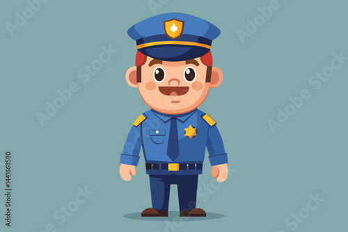 A cartoon police officer smiles warmly, wearing a blue uniform and a cap with a badge, showcasing friendliness and approachability in a vibrant setting.