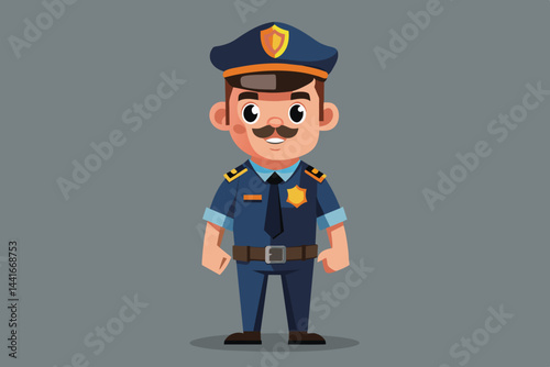 A cartoon police officer stands proudly in a blue uniform featuring a badge and a friendly mustache, set against a simple gray backdrop.