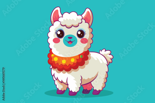 A vibrant cartoon llama with fluffy white fur and a colorful collar stands cheerfully against a turquoise backdrop, showcasing an adorable animated design.