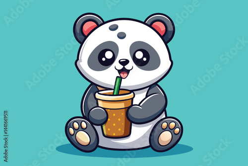 A cartoon panda enjoys a refreshing drink, seated comfortably with a happy expression. The vibrant background adds to the playful atmosphere of this whimsical scene.