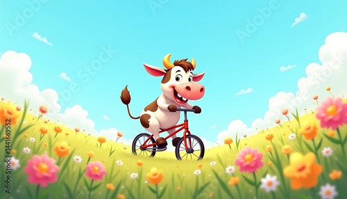 Cartoon Cow Riding a Bicycle Through a Flower Field on a Sunny Day