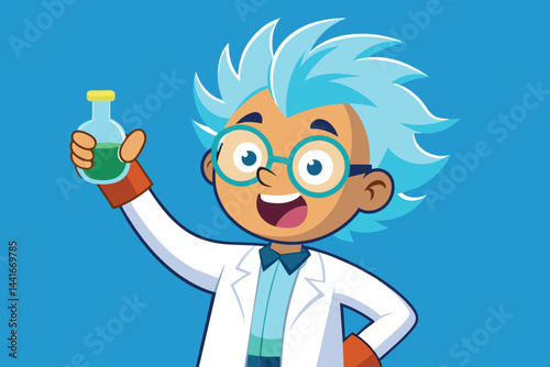 A young scientist with vibrant blue hair and round glasses excitedly holds a flask filled with green liquid, embodying the spirit of experimentation and discovery.