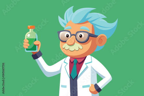 A joyful scientist with blue hair wears glasses and a lab coat while proudly presenting a green potion. His vibrant personality shines through in this imaginative design.