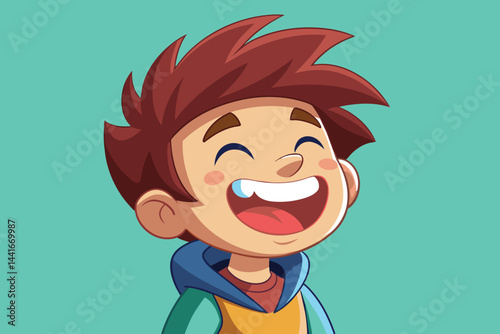 A young cartoon boy expresses pure joy with a big smile and bright eyes. He has tousled brown hair and is wearing a colorful hoodie, radiating happiness.