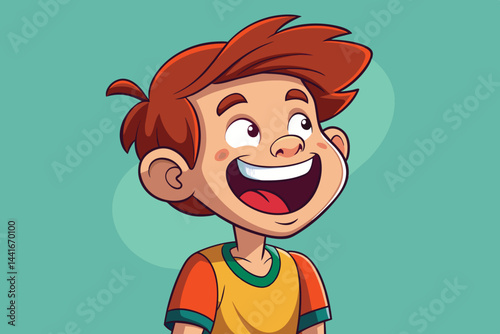 A young boy with brown hair smiles brightly, showcasing happiness with a playful expression. His colorful t-shirt adds to the vividness of this cheerful character design.
