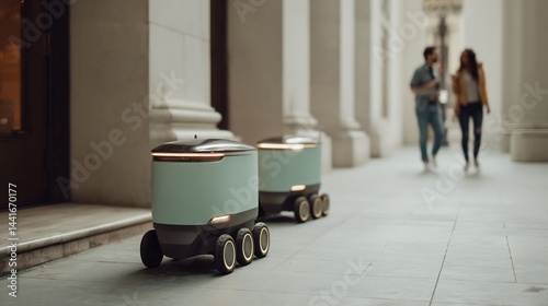 Autonomous delivery robots navigating a city walkway amidst blurred pedestrians