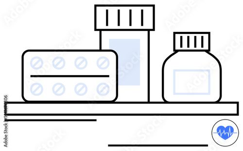 Pill strip, medicine bottle, and jar neatly arranged on shelf. Ideal for healthcare, pharmacy, medication, treatment, wellness pharmaceutical education preventive care. Flat simple metaphor