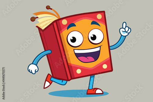 An animated book character, featuring a smiling face and lively pose, joyfully runs across a light gray backdrop, encouraging engagement with literature and storytelling.