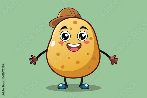 A joyful cartoon potato character is smiling while wearing a cap and shoes, exuding a sense of fun and friendliness in a vibrant green setting.