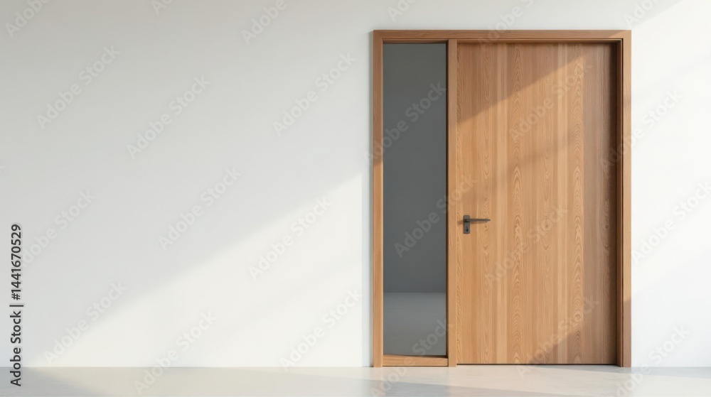 Fototapeta premium Modern Minimalist Interior Design Light Wooden Door Against a White Wall with Subtle Sunlight Shadows