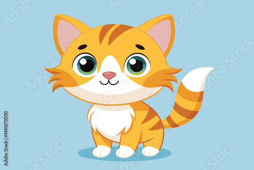 A cheerful orange cat with striking green eyes and a fluffy tail stands confidently, inviting affection and adorning a charming blue background, enhancing its playful demeanor.