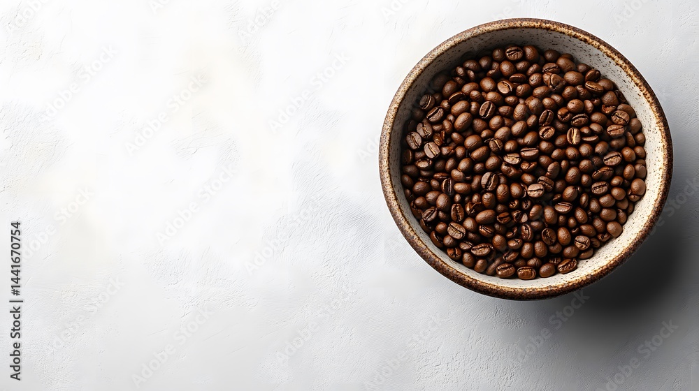 Fototapeta premium White background with coffee beans and a cup of espresso on the right side, a flat lay banner for commercial use, with a copy space concept. Top view, high-resolution photography, minimalist style, wh