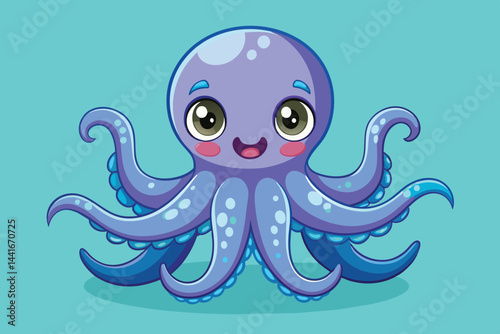 A charming octopus character features large expressive eyes and a joyful grin, surrounded by flowing tentacles, set against a lively blue backdrop.