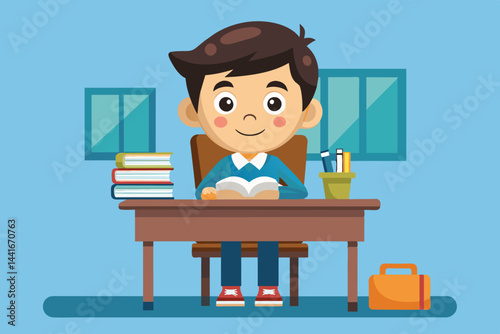 A cheerful boy sits at a wooden desk, engrossed in a book, surrounded by a stack of books and school supplies, in a bright classroom setting.