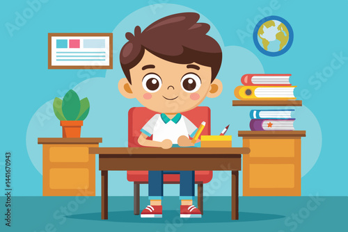 A cheerful young boy sits at his desk, focused on his schoolwork with colorful supplies around him. Shelves filled with books and a globe add to the vibrant classroom atmosphere.