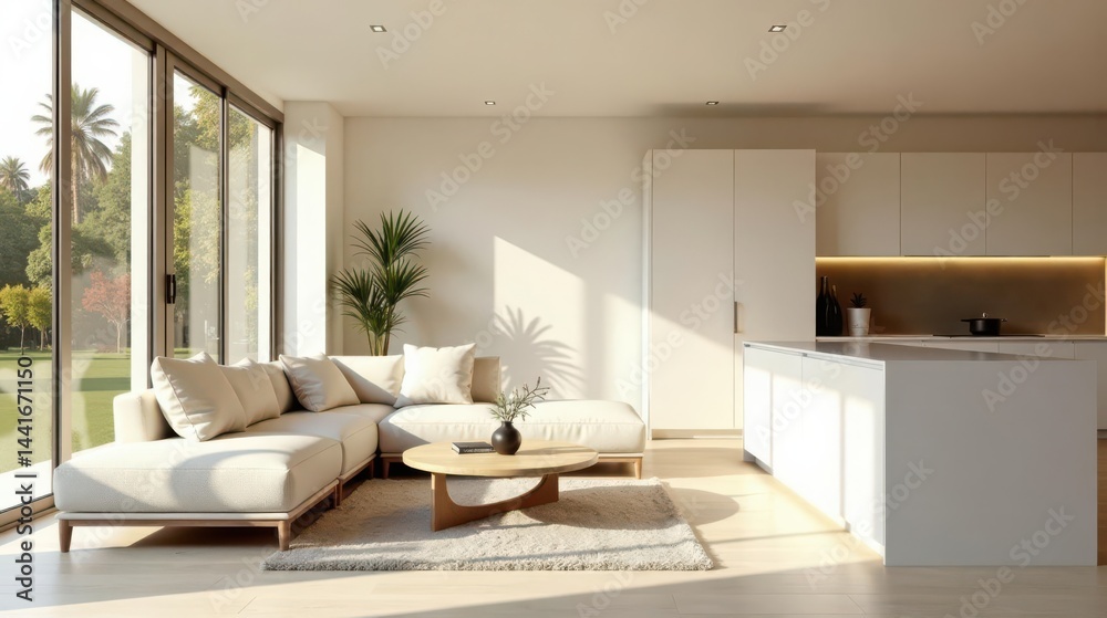 Fototapeta premium Sunlit Modern Open-Plan Living Space with Neutral Tones and Expansive Glass Doors