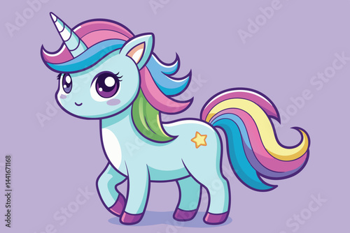 A cheerful unicorn with a vibrant, multi-colored mane strides playfully across a soft purple backdrop, radiating positivity and enchantment in a whimsical style.