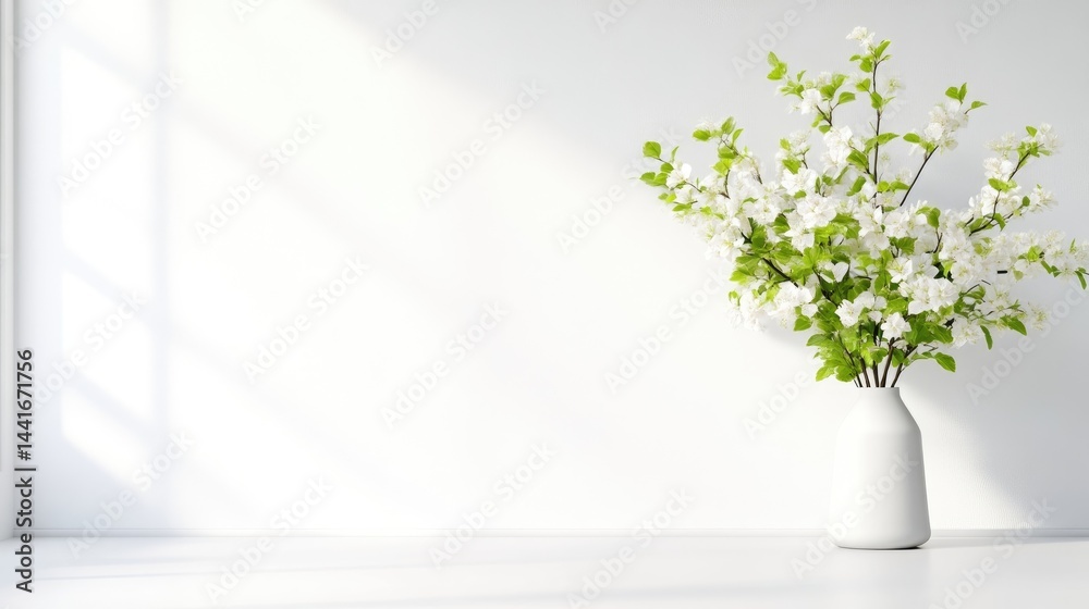 Fototapeta premium Minimalist white vase with green branches and white flowers on a table against a white wall with soft window shadows.