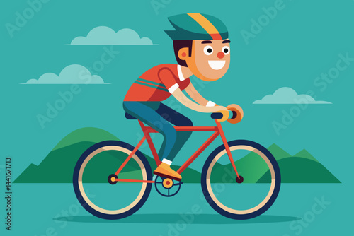 A cyclist with a bright smile rides confidently through a colorful landscape under a clear blue sky, surrounded by green hills and fluffy clouds.
