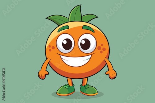 A vibrant cartoon orange character stands with a broad smile. The character features green leaves on top and wears bright green sneakers, exuding joy and playfulness.