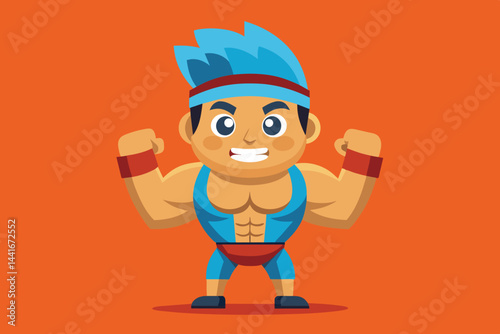 A cartoon character with blue hair and a confident smile is flexing muscles proudly against a bright orange background, embodying strength and motivation.