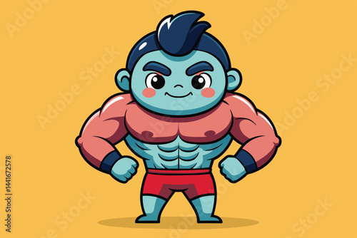 A cartoon character with an enthusiastic expression showcases impressive muscles while standing in bright red shorts, set against a cheerful yellow backdrop.