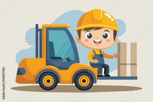 A young worker in a hard hat smiles as he operates a forklift, lifting boxes in a warehouse setting during daylight hours.