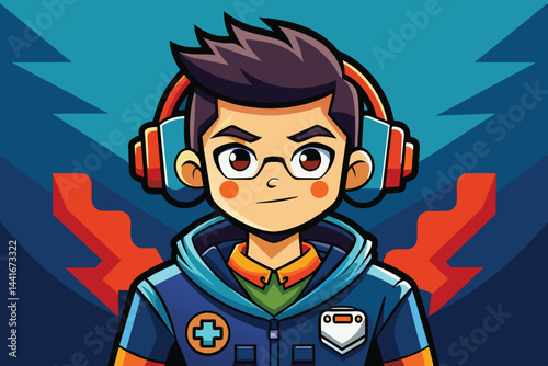 A young boy with headphones and glasses is featured prominently, displaying an engaging digital art style that reflects a vibrant gaming atmosphere.