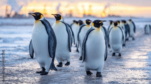 Endangered species struggling with climate change impact concept. A group of emperor penguins walking on icy terrain at sunset.