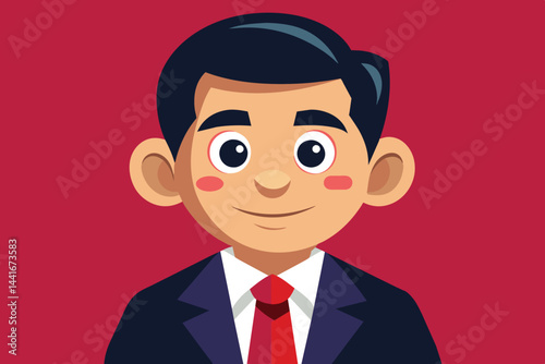 A young boy is dressed in a formal suit with a red tie, smiling warmly with a cheerful expression, set against a bright red background.