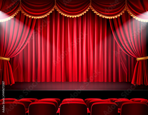 Theater stage vector template illustration with red heavy curtain and seats.	
