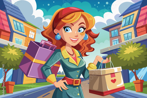 A young woman with curly hair happily walks along a vibrant street, holding shopping bags, while enjoying a beautiful, sunny day in a lively neighborhood.