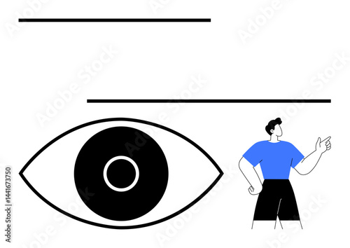 Eye emphasizes focus, aligning with a man gesturing confidently. Ideal for vision, leadership, data focus, attention, minimalism, strategy, simple landing page