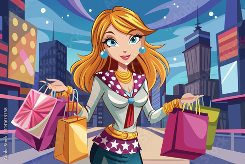 A fashionable character showcases her stylish attire while joyfully carrying multiple shopping bags along a lively city street filled with tall buildings at dusk.