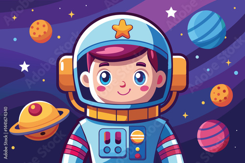 A cheerful astronaut in a vibrant suit floats among colorful planets and stars in a whimsical outer space setting, capturing a sense of adventure and wonder.