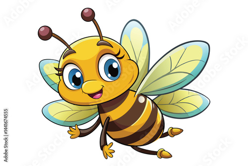 A cartoon-style bee is in mid-flight, showcasing bright colors and a joyful expression, surrounded by flowers in a lively garden during spring.