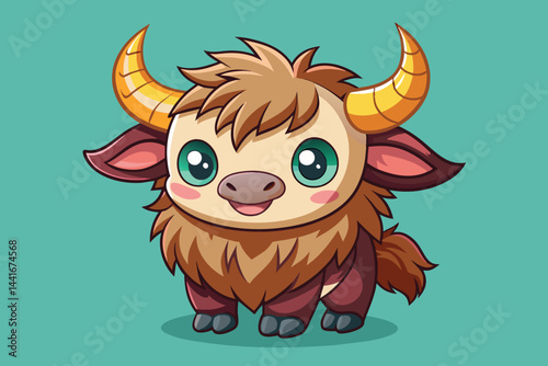 A whimsical cartoon yak stands cheerfully with bright eyes and fluffy fur, featuring distinctive golden horns, offering a playful and inviting charm.