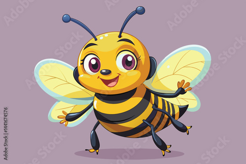 A lively cartoon bee flutters happily, displaying an engaging smile and vibrant yellow and black stripes, ideal for children's books and educational content about nature.